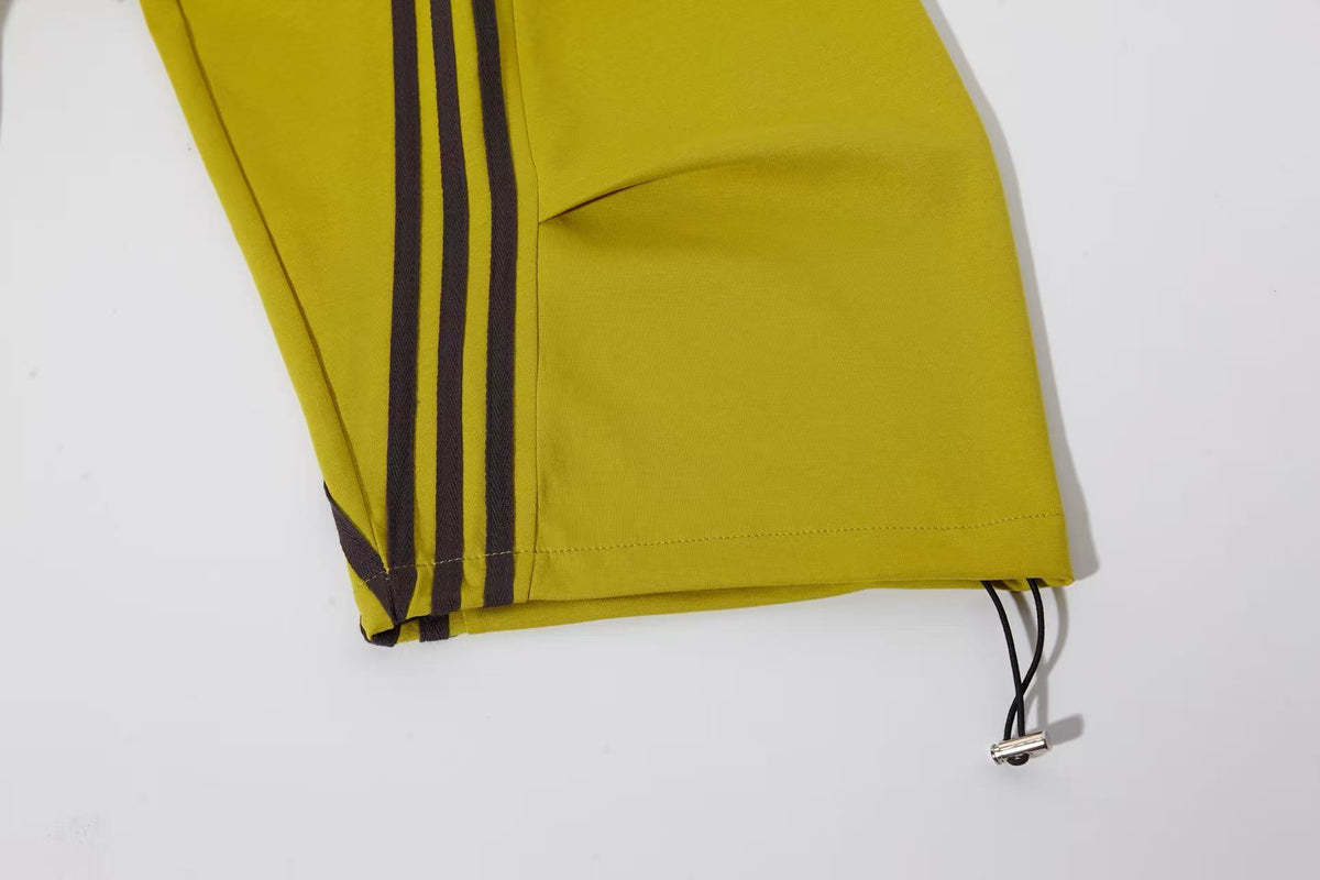 Women’s Retro Chartreuse Triple-Stripe Baggy Wide-Leg Track Pants with Elastic Drawstring Waist and Pockets