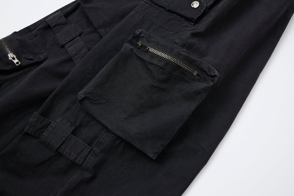 Midnight Rebel Women’s Multi-Pocket Cargo Pants – Washed Black Baggy Wide-Leg Streetwear Pants with Drawstring Waist
