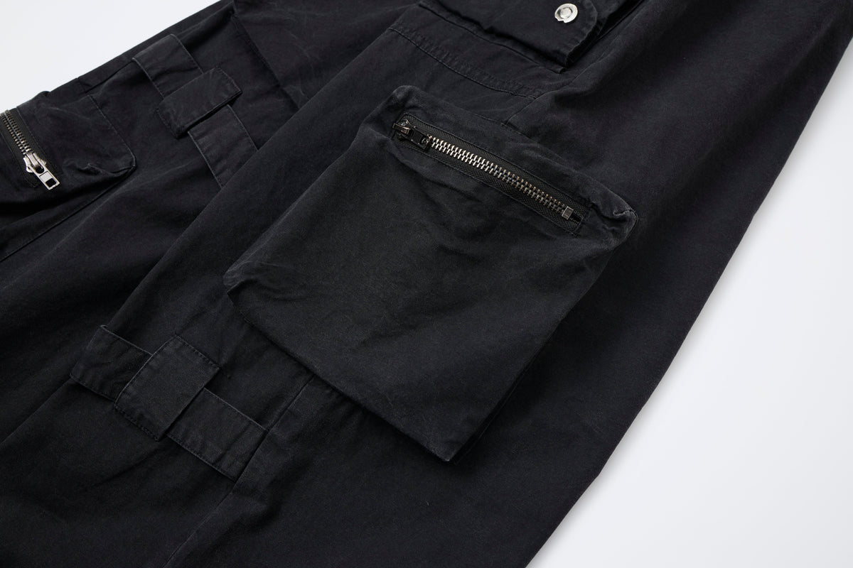 Midnight Rebel Women’s Multi-Pocket Cargo Pants – Washed Black Baggy Wide-Leg Streetwear Pants with Drawstring Waist