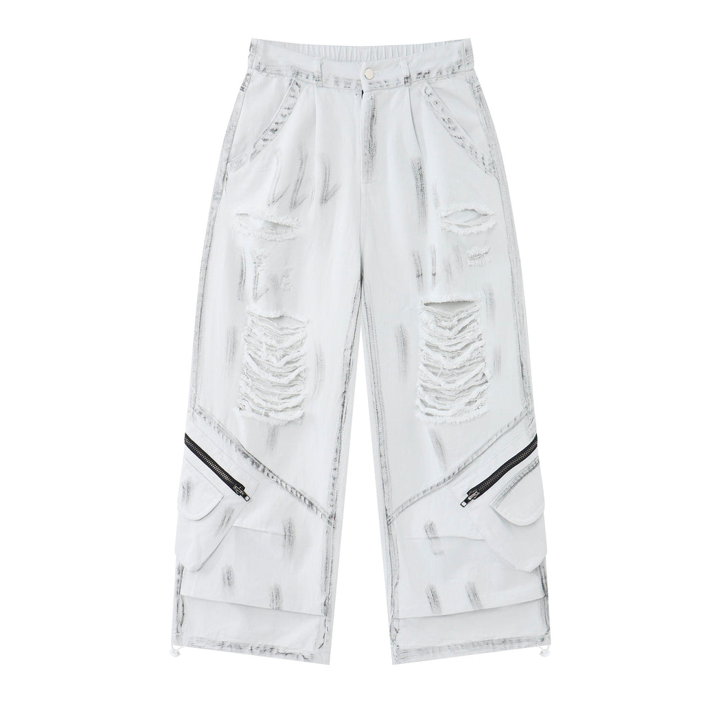 Women’s Arctic Rebel Distressed Cargo Jeans – White Baggy Wide-Leg Denim Pants with Zipper Details