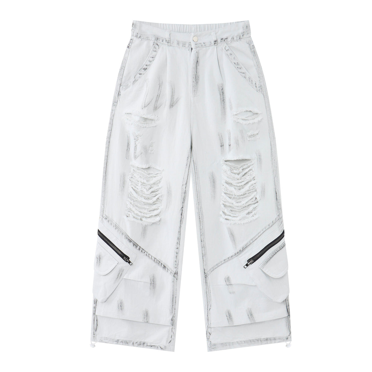Women’s Arctic Rebel Distressed Cargo Jeans – White Baggy Wide-Leg Denim Pants with Zipper Details