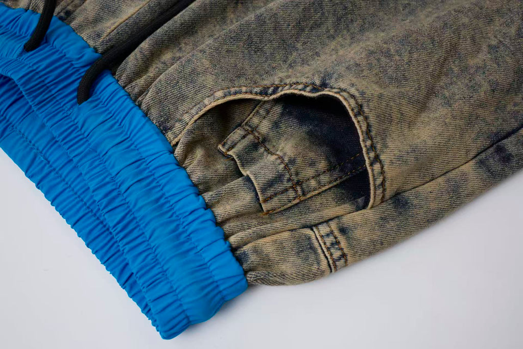 Pantalón de Mezclilla Vintage Gris con Paneles Azul Eléctrico y Corte Extra Ancho