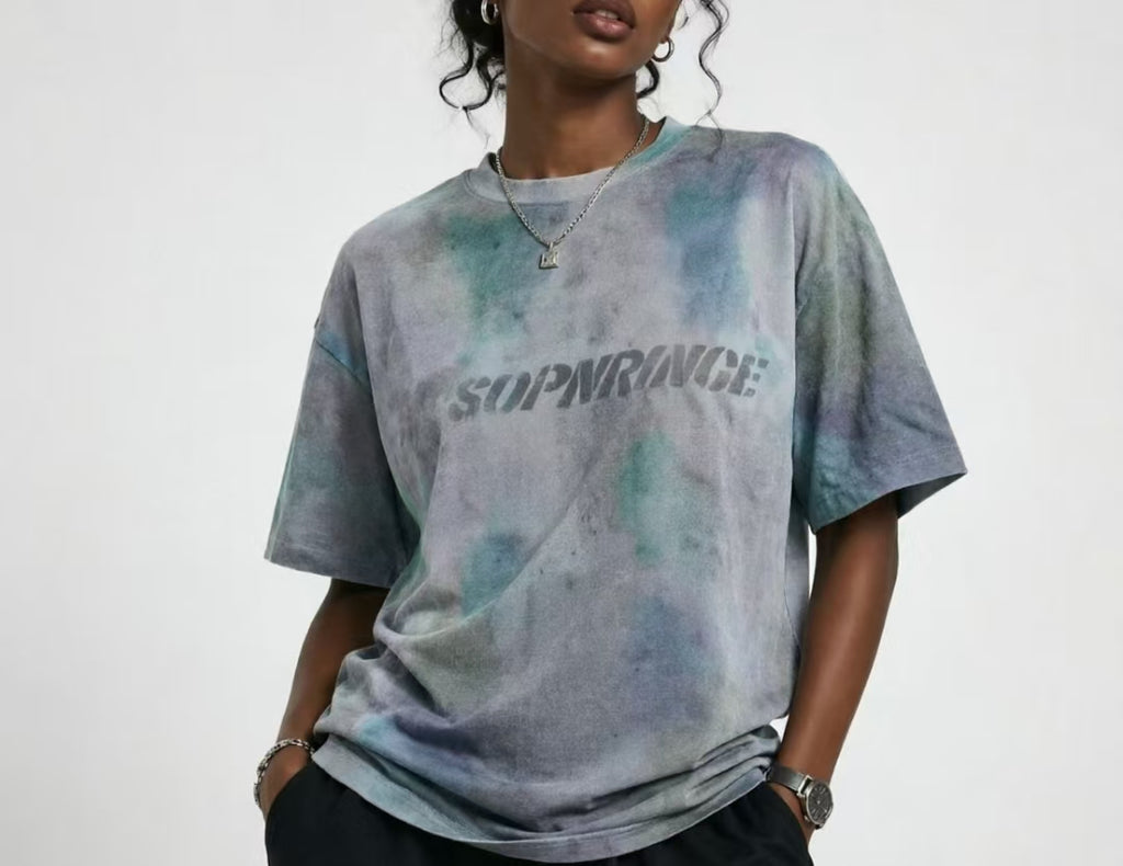 Women’s Vintage Mineral-Wash Oversized Graphic T-Shirt – Gray & Teal Grunge Streetwear Tee