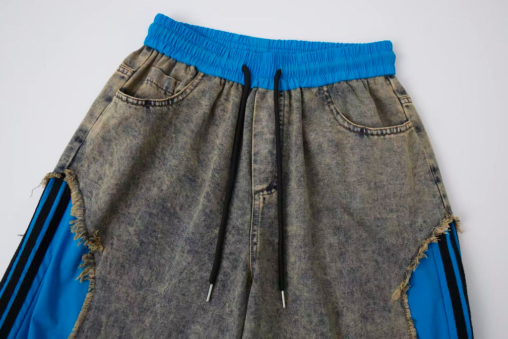 Pantalón de Mezclilla Vintage Gris con Paneles Azul Eléctrico y Corte Extra Ancho