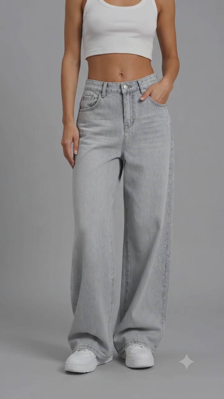 Crystal Fade Denim Jeans – Light Grey Wide-Leg Jeans